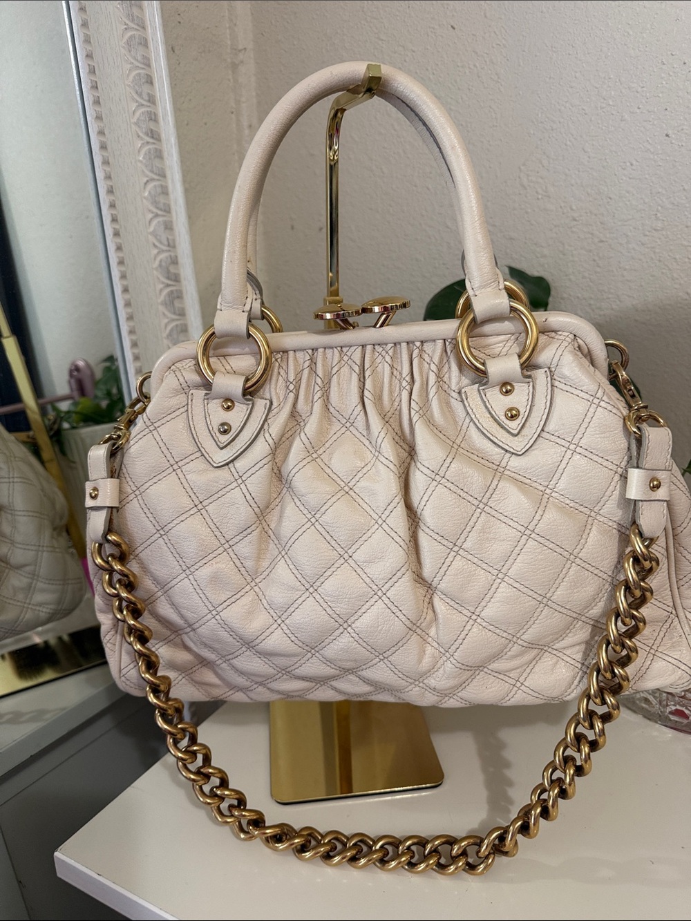 vintage large  ivory Marc Jacobs Stam Bag. Quilted Leather Top-Handle Satchel